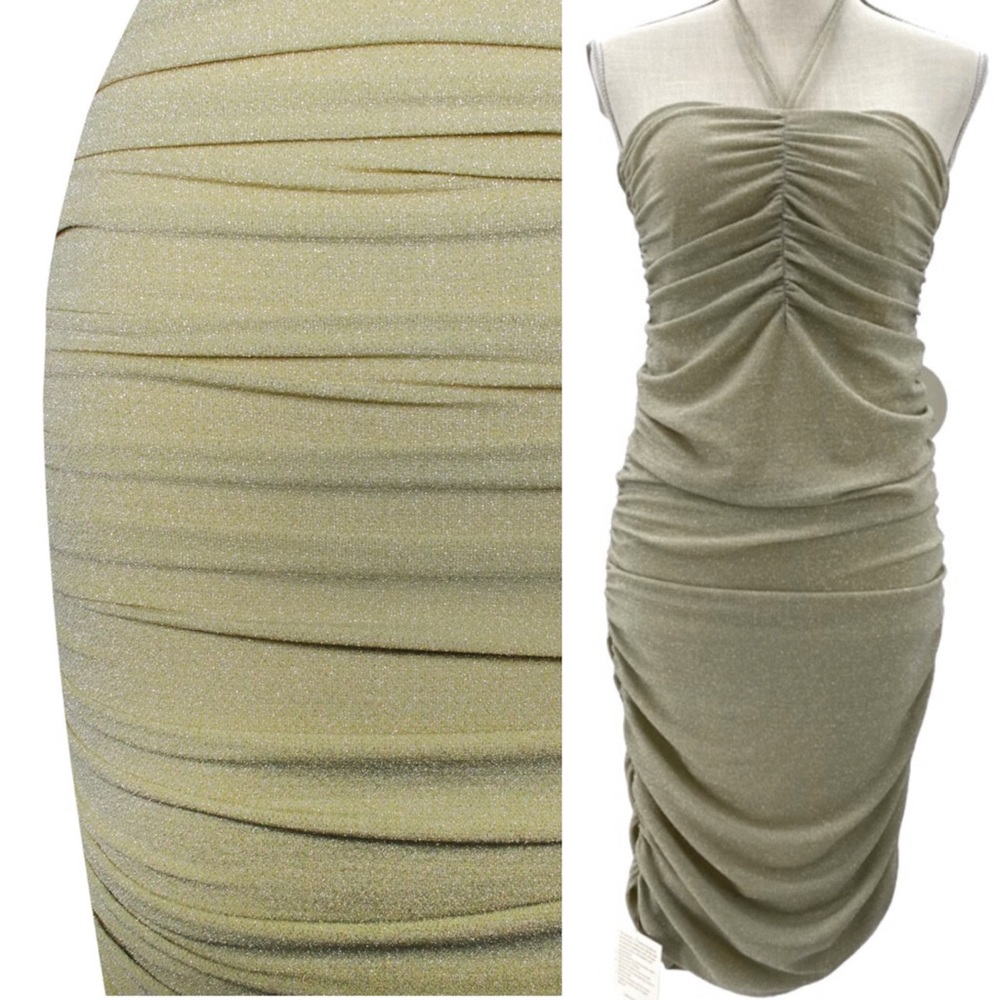 NWT Miss Circle Dress Pale Yellow Ruched Chiffon Shimmer Dress Size Small
